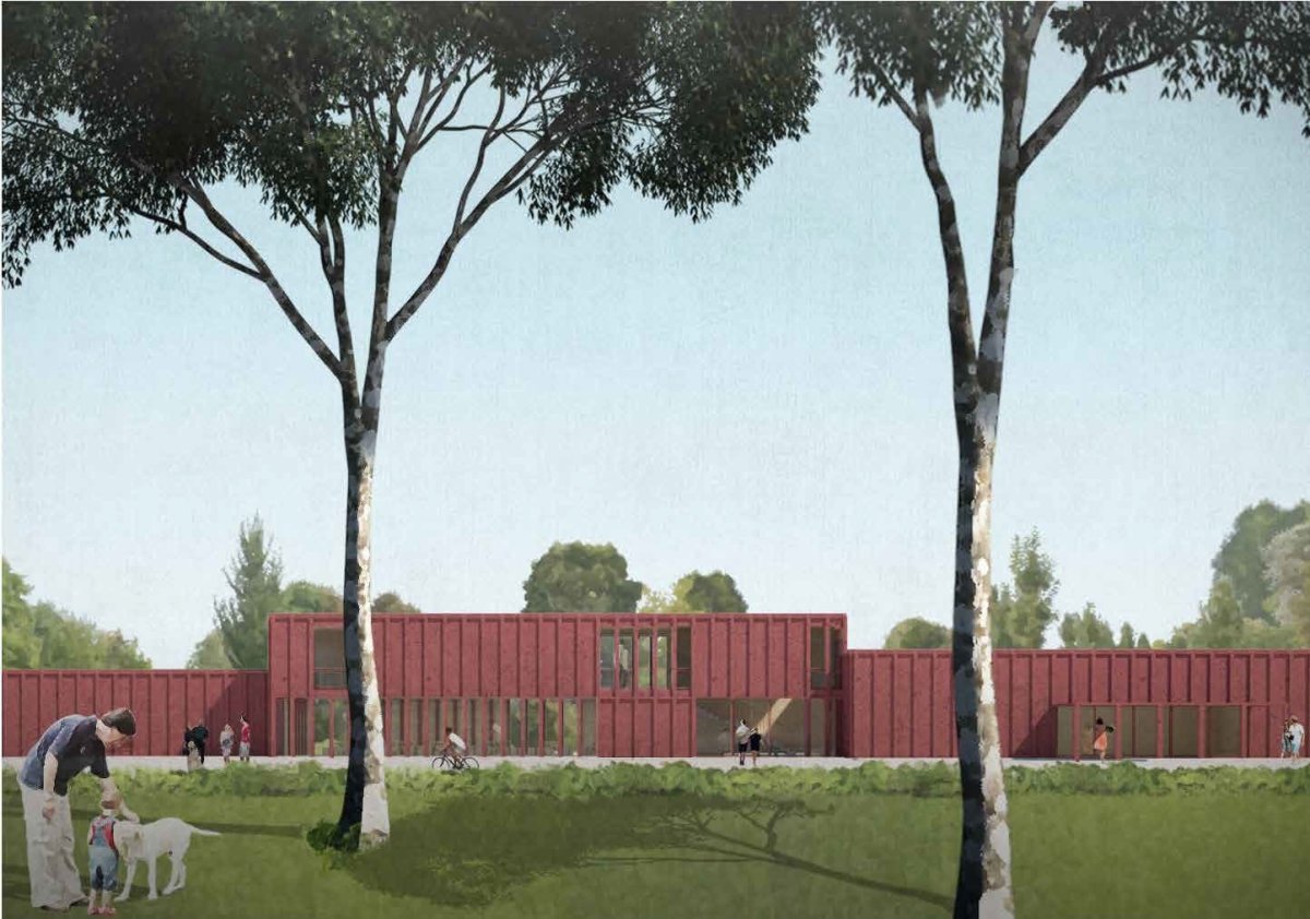 Pohled na nový pavilon s multifunkčním sálem, Ravagnani Vecchi Architects.