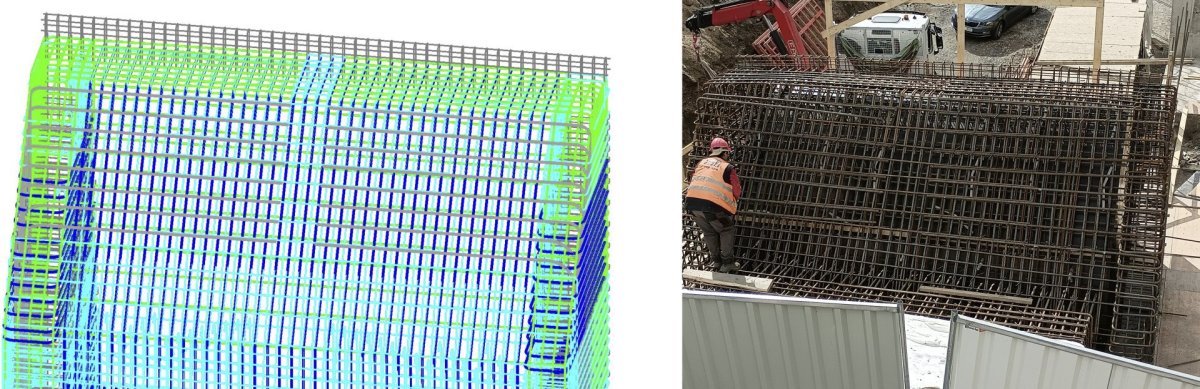 Výztuž - model (vlevo), realizace (vpravo)