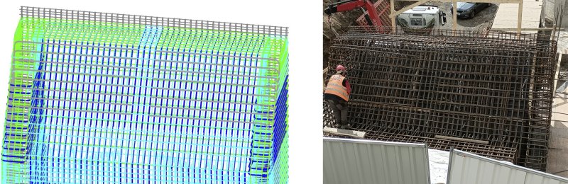 Výztuž - model (vlevo), realizace (vpravo)