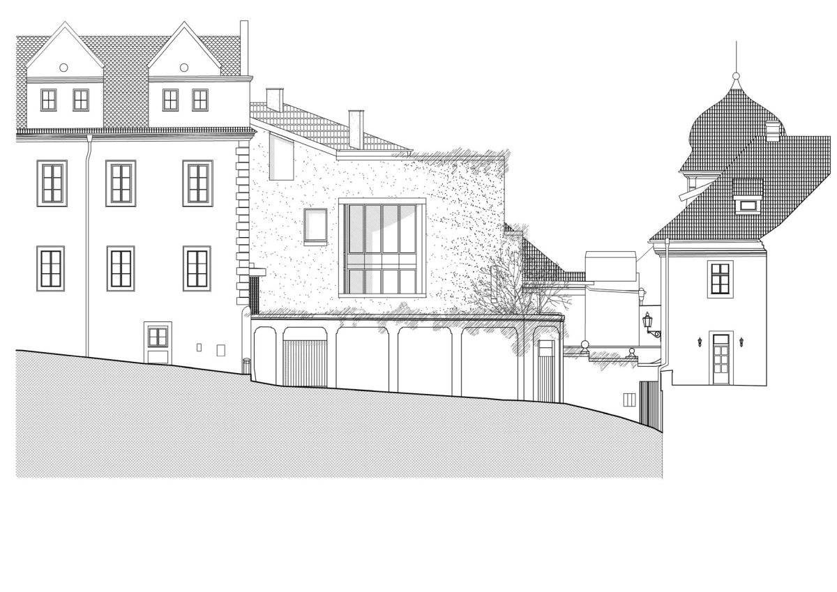 Západní fasáda (Bytový dům na Malé Straně; architektonický ateliér Ladislava Lábuse)