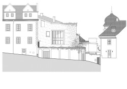 Západní fasáda (Bytový dům na Malé Straně; architektonický ateliér Ladislava Lábuse)
