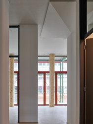 Doplňují je sloupy dřevěné. (Konverze skladu vína na komunitní bydlení; Esch Sintzel Architekten)