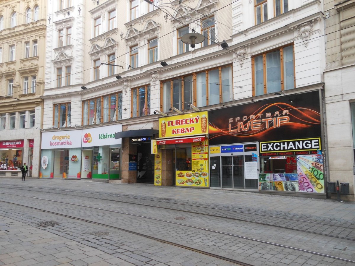 Cedule tříštící tektoniku fasády. Jedna ze „smrtelných nemocí vývěsních štítů“ (takto nazvaná studie ukázala na některé hlavní nešvary, jako jsou despekt k architektuře, neschopnost komunikovat jen důležité informace, duplicita, agresivní pestrost barev, epidemie papírových cedulek, polepy výkladců atd., foto