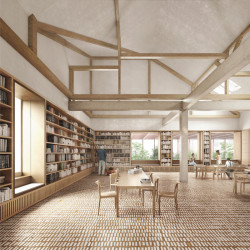 Vítězný návrh na rekonstrukci lázní Grössling v Bratislavě od italského studia OPPS Architettura, knihovna. Vizualizace: luce.atelier