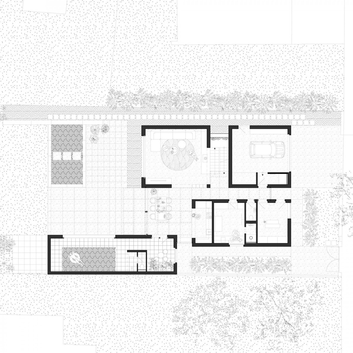 Rodinný dům Lhotka, půdorys 1 NP, SOA architekti