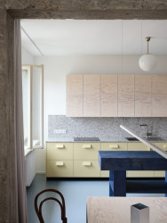 Kuchyně: borová překližka, modře mořené dřevo, nadměrné úchytky. (Byt na rohu; Prokop Hartl)