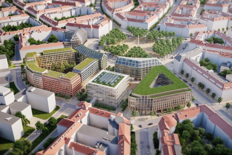 Ptačí pohled na dostavbu 4. kvadrantu, tým 20: Benthem Crouwel Architects (NL) + OVA (ČR),