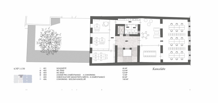Vítězný návrh Centra současného umění a architektury v Českých Budějovicích od studií AFF Architekten + Malý Chmel, půdorys 4NP