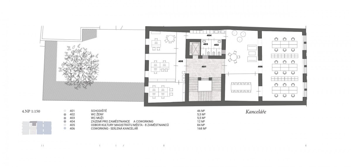 Vítězný návrh Centra současného umění a architektury v Českých Budějovicích od studií AFF Architekten + Malý Chmel, půdorys 4NP