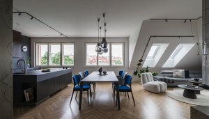 Kuchyně s obývacím pokojem - celkový pohled (Rekonstrukce bytu na Vinohradech, Obliqo )