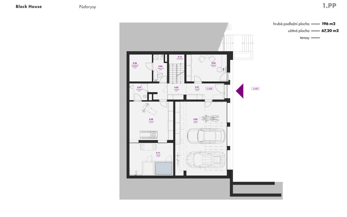 1. PP s garážemi a privátním spa (Block House v Šáreckém údolí v Praze; Studio MA)