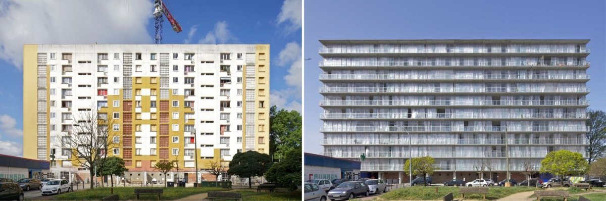 Proměna před a po rekonstrukci panelových domů Grand Parc Bordeaux, foto před a po rekonstrukci, Lacaton & Vassal architectes, Frédéric Druot Architecture, Christophe Hutin Architecture