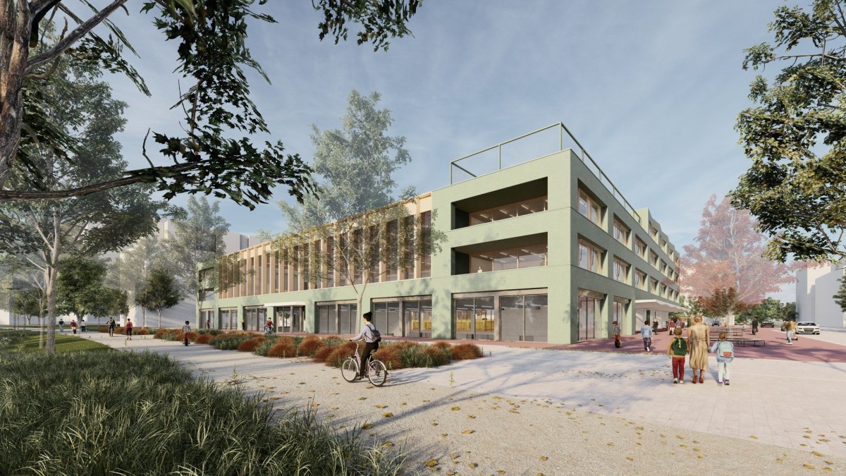 Vizualizace školy na Rohanském ostrově. Stát bude 970 milionů korun - do rozpočtu přispěje hl.m. Praha, Praha 8 a soukromí investoři.