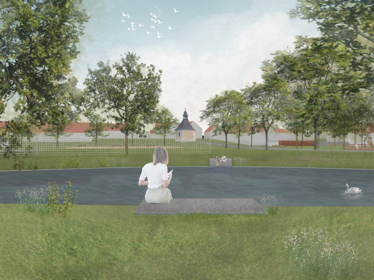 Vizualizace - Studie revitalizace návsi ve Lhotě u Stříbra, krajinné řešení Alice Boušková, participace Eliška Havla - 2023