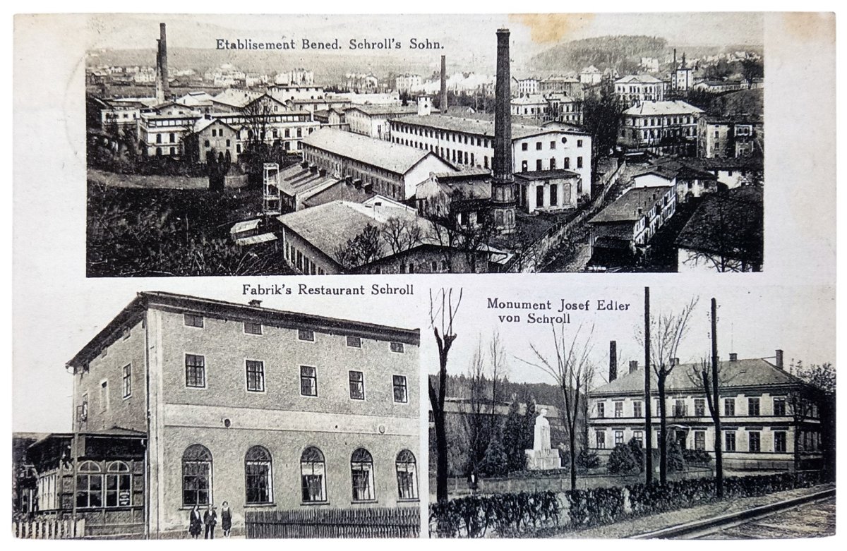 Textilka a pomník na pohlednici z knihy Petra Bergmanna