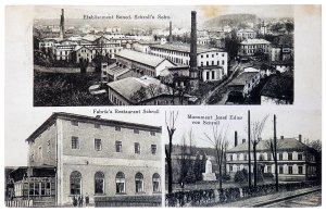 Textilka a pomník na pohlednici z knihy Petra Bergmanna
