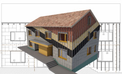 Digitální model fasády rodinného domu - vizualizace skladby fasády v kontextu dalších fasádních prvků.