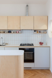 Navzdory  tomu, že se v kuchyni nenacházejí okna, působí vzdušným dojmem. (Byt ve Vršovicích, Schwestern)