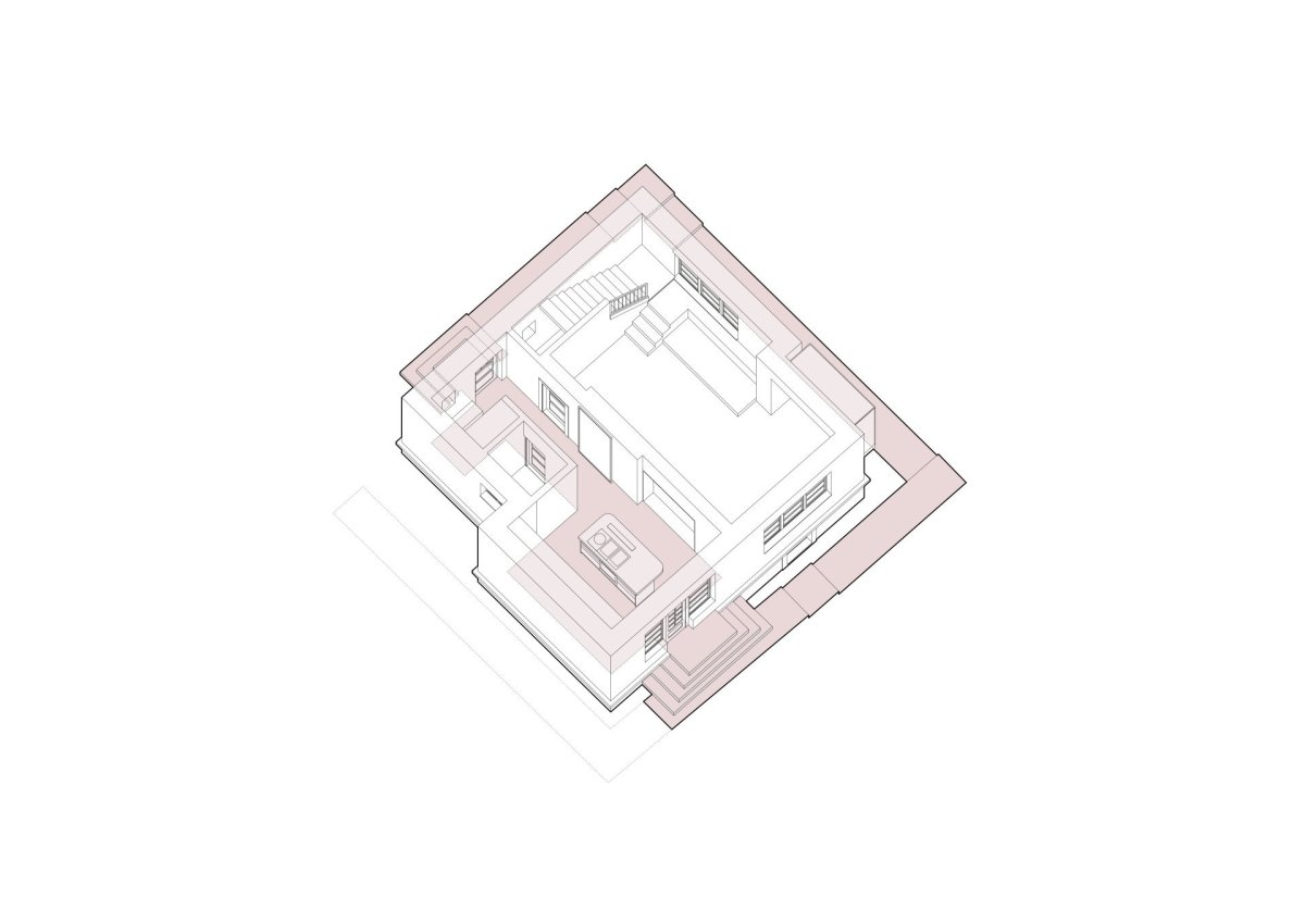 Axonometrické schéma (Rekonstrukce prvorepublikové vily v Praze, Lenka Míková Architekti)