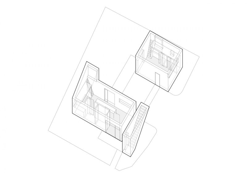 Ateliérový dům v Ratiboři, axonometrie 1 NP, studio OBJEKTOR