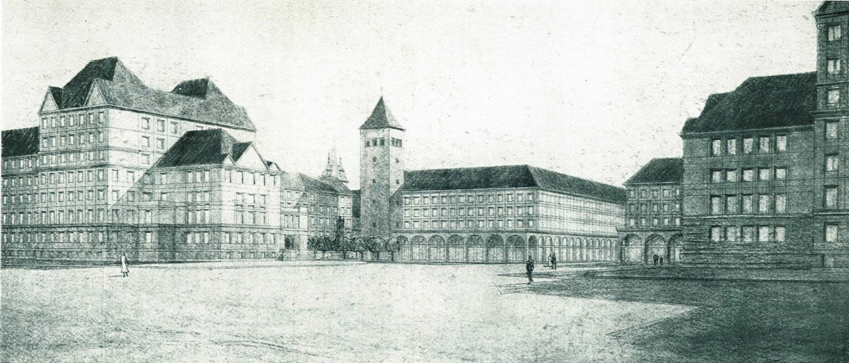 Jan Kotěra, pohled na předmostí Štefánikova mostu v Praze, 1920 (dobový tisk)