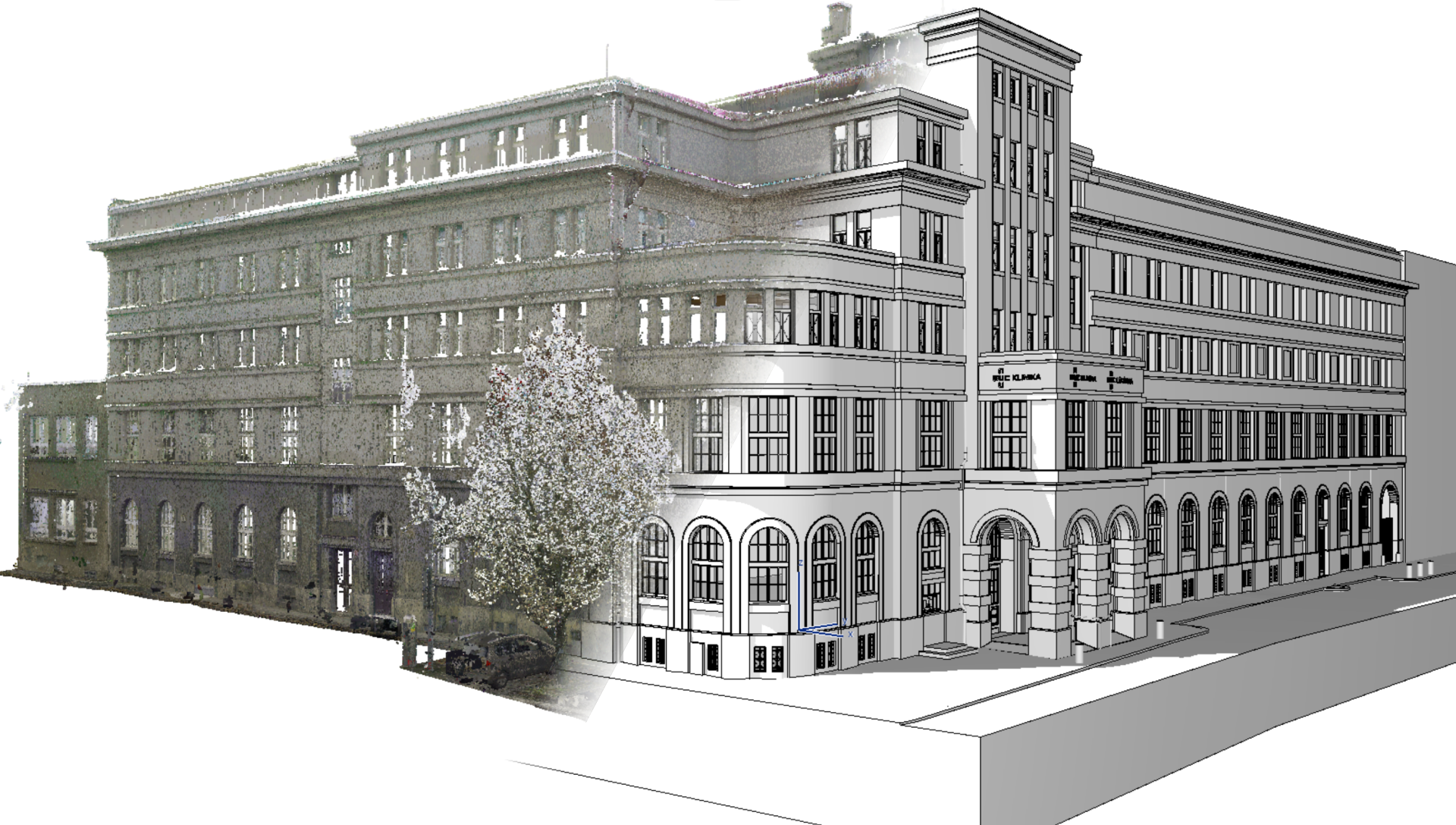 Mračno bodů může být ideálním podkladem pro vymodelování 3D/BIM modelu stávajícího stavu budovy. Příklad mračna bodů a modelu kliniky EUC v Plzni jako podkladu pro rekonstrukci fasády.