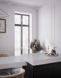 Přední výrobce tvrzeného kamene Technistone představuje novinky pro jaro 2023 se vzory inspirovanými mramorem: na obrázku dekor Calacatta Olympos