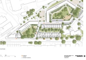 Alison Brooks Architects, obytný soubor Ely Court, výkres přízemí