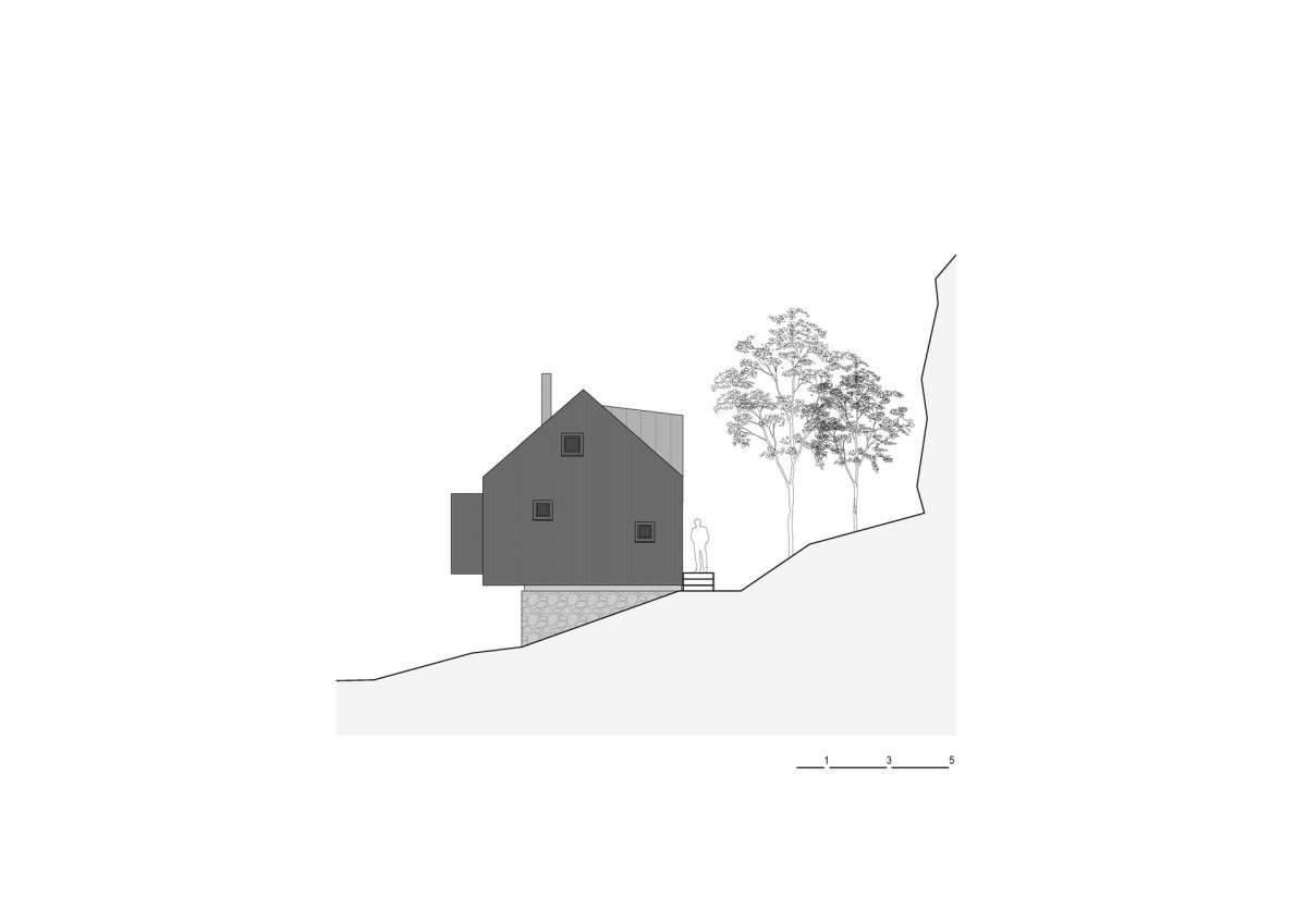 Pohled východ (Chata u Sázavy mezi skálou a řekou; Mimosa Architekti)