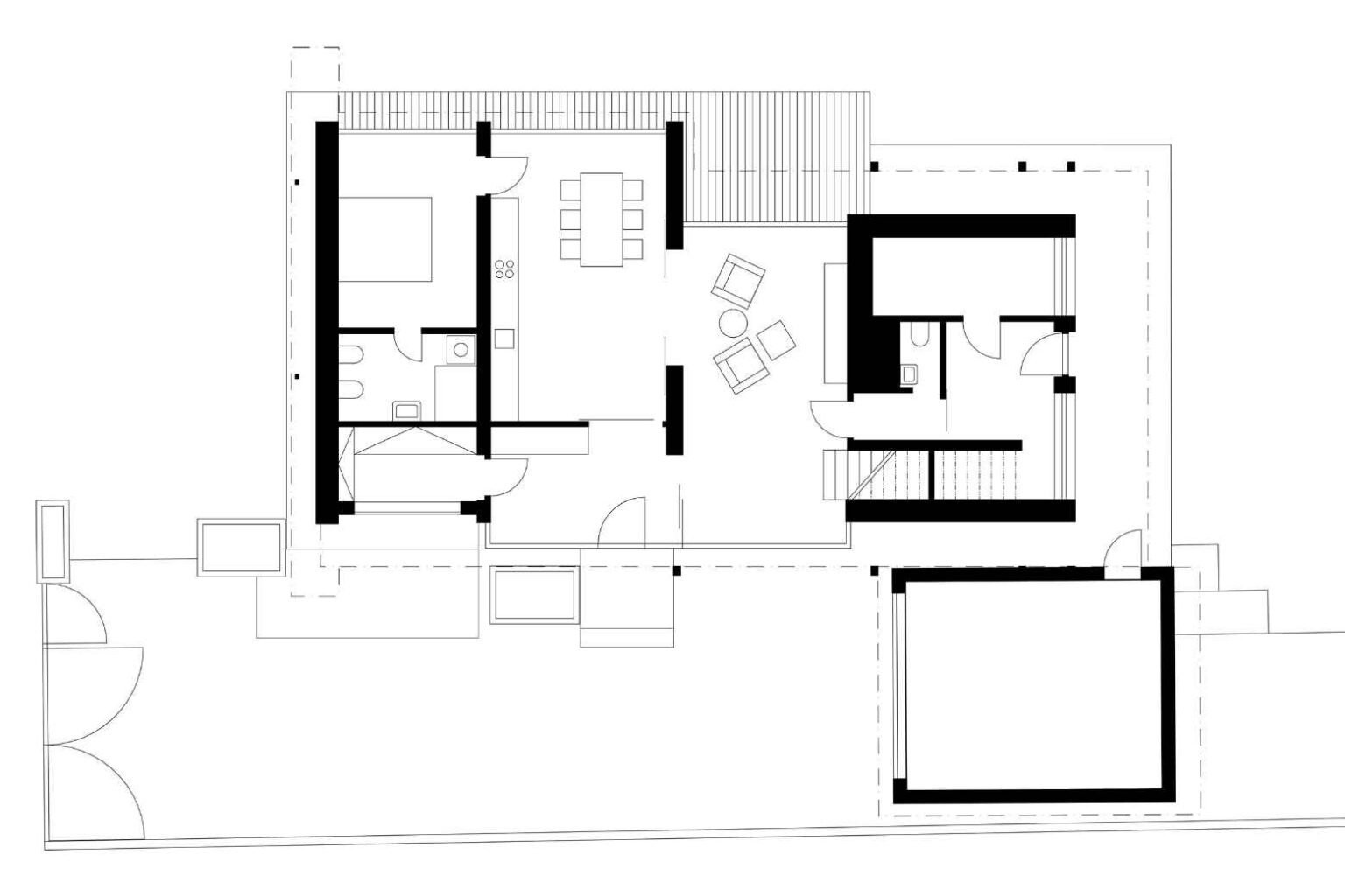 Půdorys 1. NP (Rekonstrukce experimentálního domu v Rožnově pod Radhoštěm; Kamil Mrva)