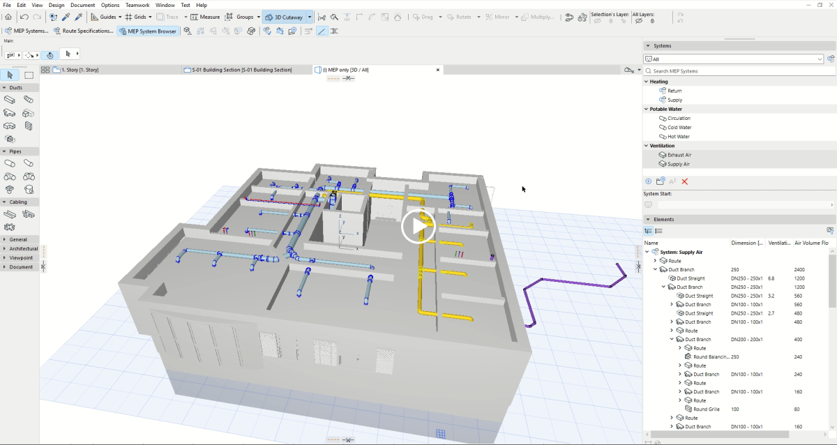 Šedý architektonický model přenesený z Archicadu lze v MEP Designer doplnit o prvky technického zařízení budovy. 
