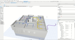 Šedý architektonický model přenesený z Archicadu lze v MEP Designer doplnit o prvky technického zařízení budovy. 