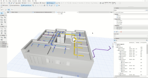 Šedý architektonický model přenesený z Archicadu lze v MEP Designer doplnit o prvky technického zařízení budovy. 