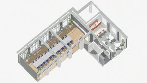 Celková axonometrie (Kanceláře Pudis; studio COSMO)