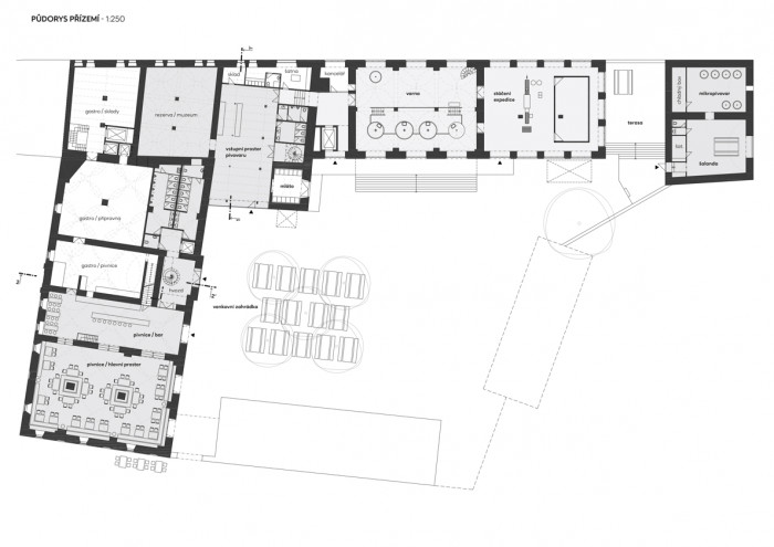 Rekonstrukce pivovaru v Kamenici nad Lipou, půdorys 1np, OTA ateliér