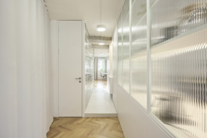 Transparentní stěna kuchyňského bloku (Byt bez příček; RDTH architekti)