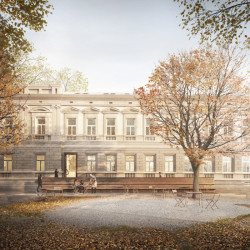 Vítězný návrh na rekonstrukci lázní Grössling v Bratislavě od italského studia OPPS Architettura, vstup do lázní a park na Medené ulici. Vizualizace: luce.atelier