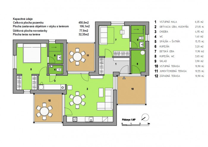 půdorysy domu B, obydlí v objetí golfu, 3x3,