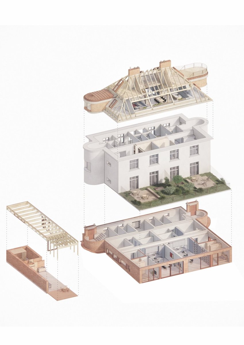 Axonometrie (Rekonstrukce a přístavba k vile v Praze-Vinohradech, PAPUNDEKL ARCHITEKTI)