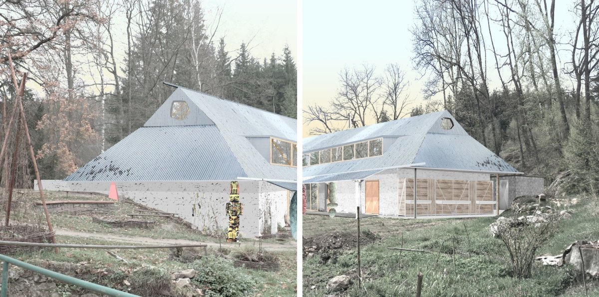 Vizualizace, koláž - Táborová základna Rohozná (Vojtěch Tecl, Tereza Brussmannová - studie 2019-2020