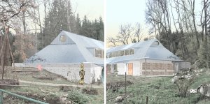 Vizualizace, koláž - Táborová základna Rohozná (Vojtěch Tecl, Tereza Brussmannová - studie 2019-2020