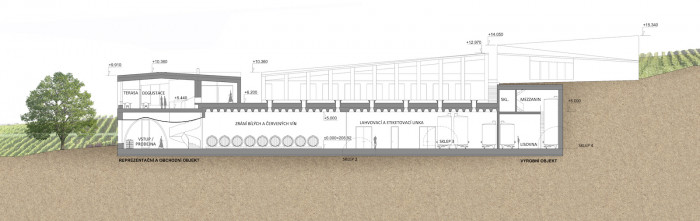 Vinařství Mikrosvín, FAM Architekti, řez.