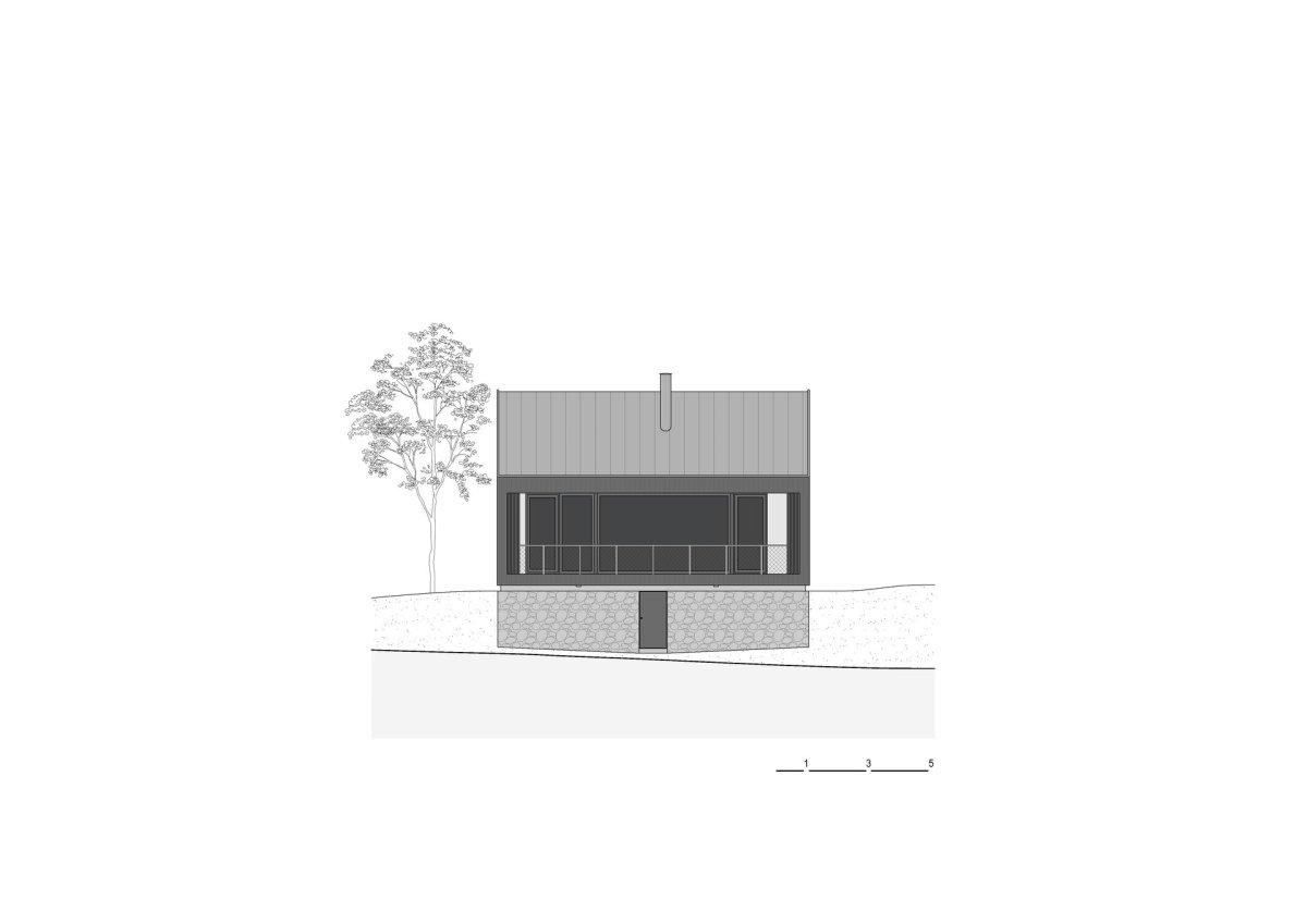Pohled jih (Chata u Sázavy mezi skálou a řekou; Mimosa Architekti)