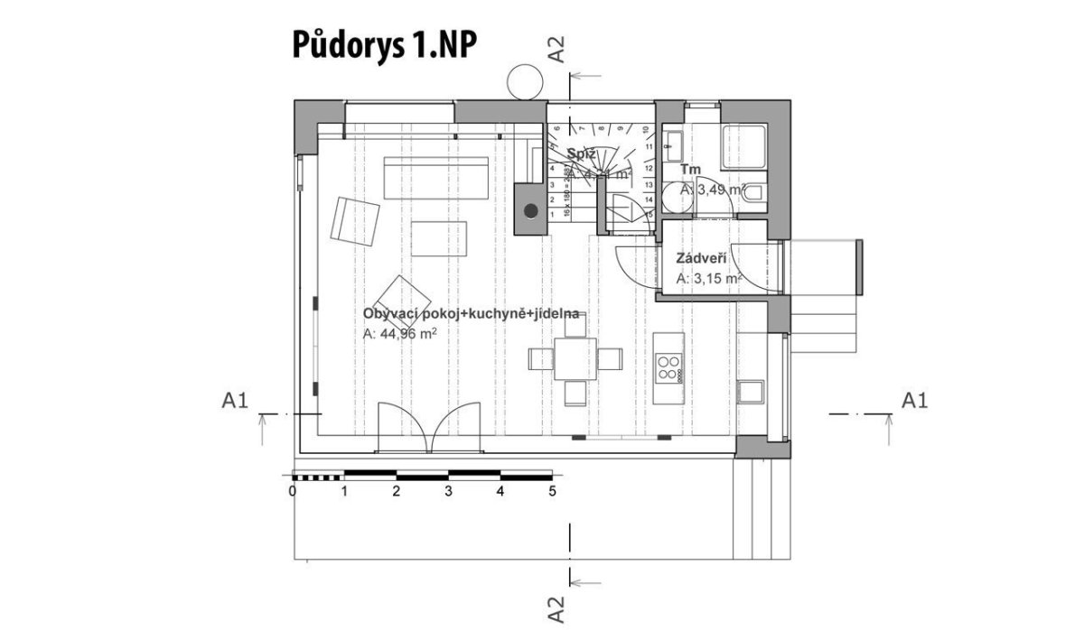 Rodinný dům v Černošicích, půdorys 1NP, 3AE