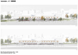 1. místo - Henning Larse Architects A/S + Ramboll: Hlavní pohled a podélný řez