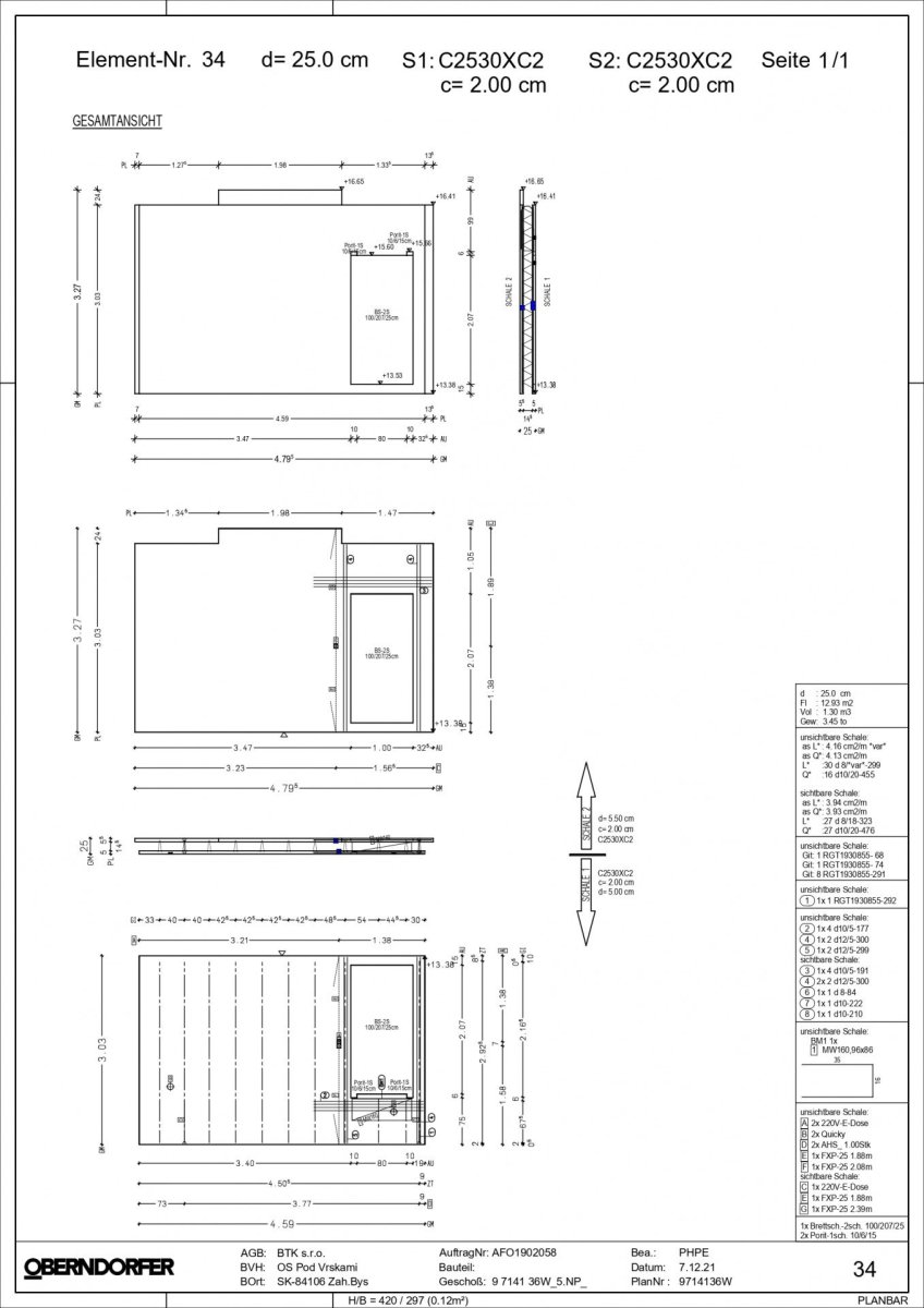 Dílenský výkres stěny vygenerovaný v programu Allplan Precast