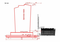 Řez ulicí Šantovou, dokumentace z řízení o odstupových vzdálenostech, archiv z. s. Za krásnou Olomouc
