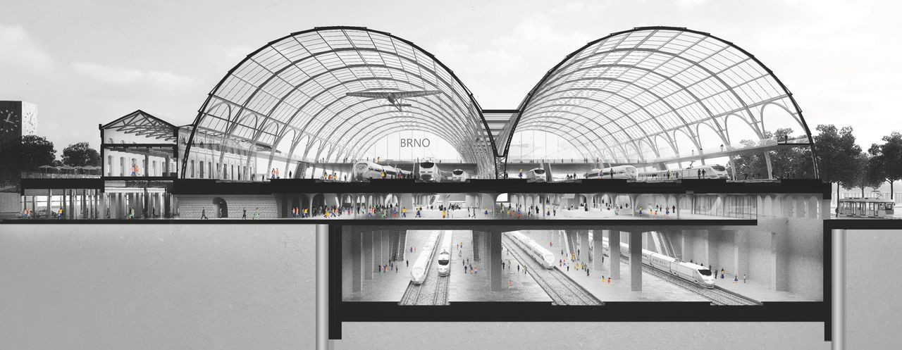 Budoucnost centra Brna, 3. místo: Atelier M1 architekti (CZ), Nádraží pro Brno, řez novou nádražní halou // finalista – foto