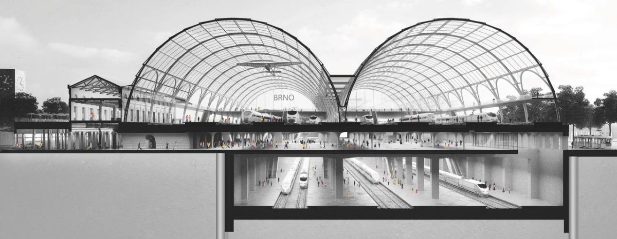 Budoucnost centra Brna, 3. místo: Atelier M1 architekti (CZ), Nádraží pro Brno, řez novou nádražní halou // finalista – foto