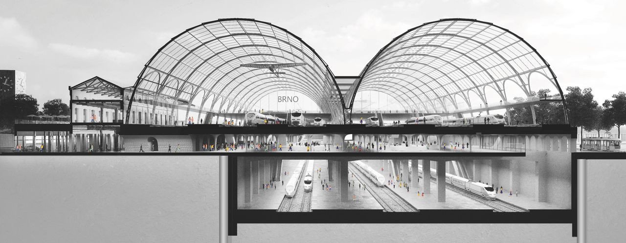 Budoucnost centra Brna, 3. místo: Atelier M1 architekti (CZ), Nádraží pro Brno, řez novou nádražní halou // finalista – foto